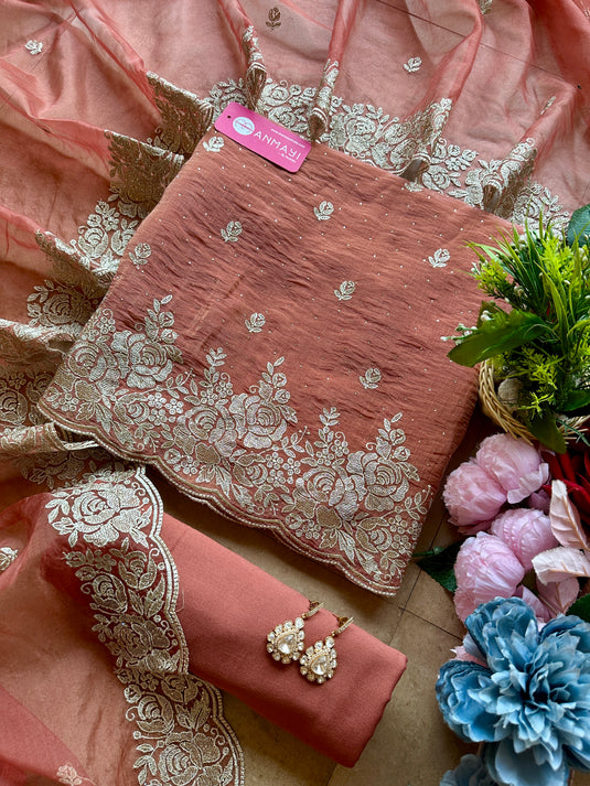 Crushed shimmer silk suit set with intricate dori work and organza dupatta