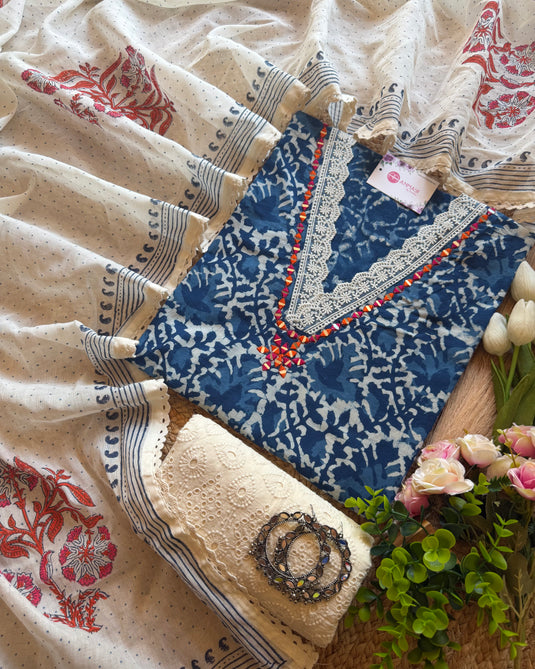 Indigo batik mirror neck pure cotton suit set