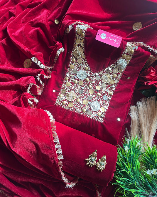 Velvet gotta Kinari suit set with fringe lace dupatta