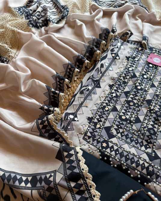 Pakistani Muslin highlighted semi stitched suit set