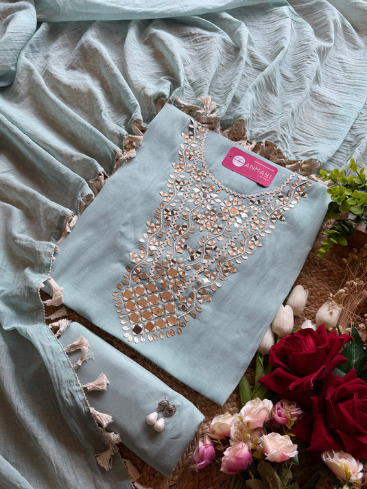 Gotta work Mul Chanderi suit set with mirror work and cotton tassels