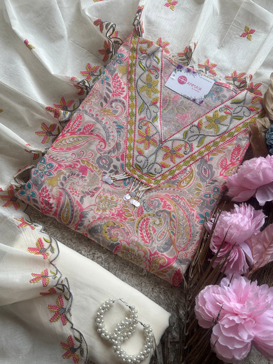 Printed neon linen suit with embroidered Chanderi dupatta