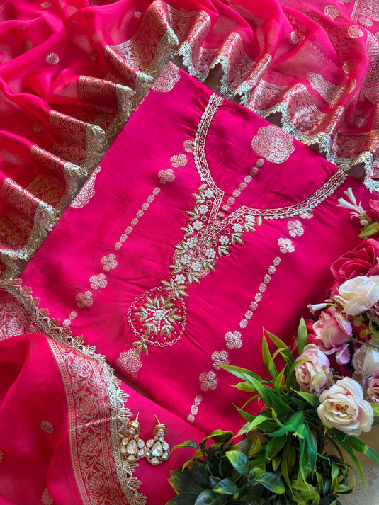 Subtle hot pink soft organza suit set with neck work