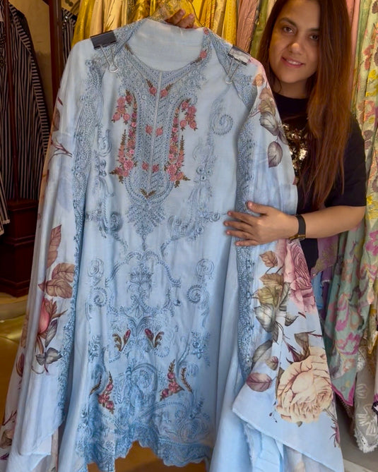 Pakistani Mul Chanderi digital dupatta suit set