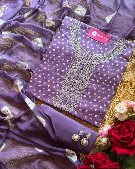 Dori neck batik print cotton suit set with chiffon dupatta