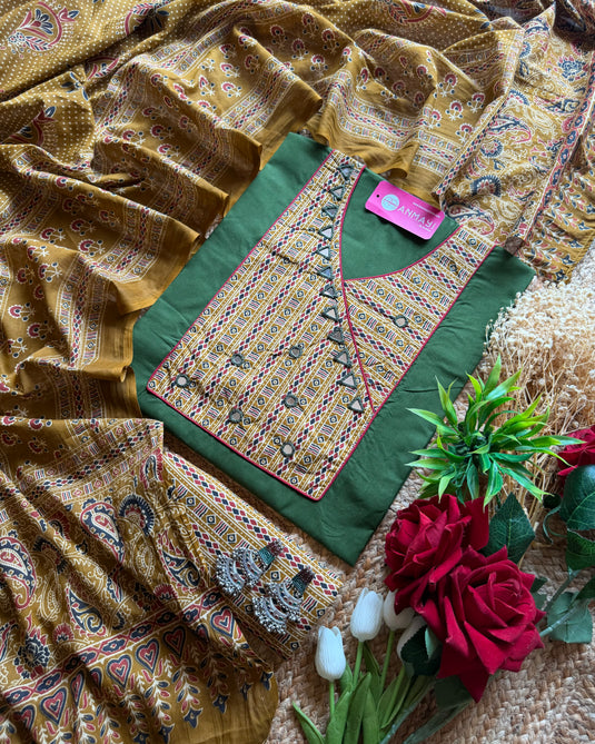 Banjara neck cotton suit set with Ajrakh dupatta