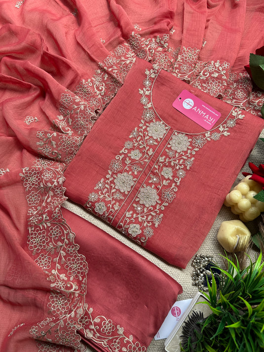 Bright shiny aari floral work pure mul cotton suit