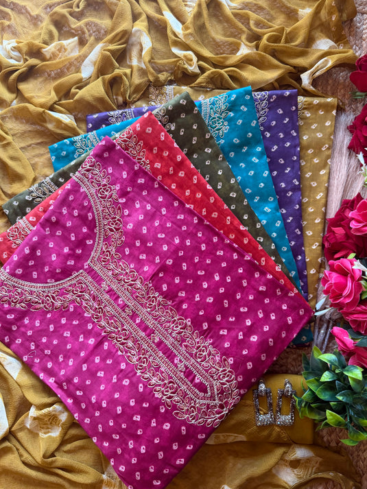 Bandhej print Dori kurta neck Cambric cotton suit set
