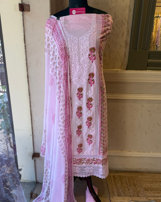 Block print embroidery neck suits with pure chiffon dupatta