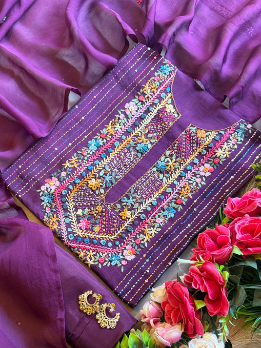 Coloured french knot work pure Maheshwari suit set with organza dupatta