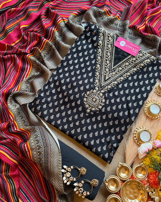 Soft Pashmina brocade print suit set