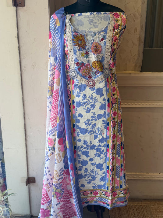 Cotton organza patch work baby blue floral suit set