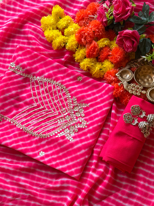Neon lehria pearl neck semi Georgette suit set