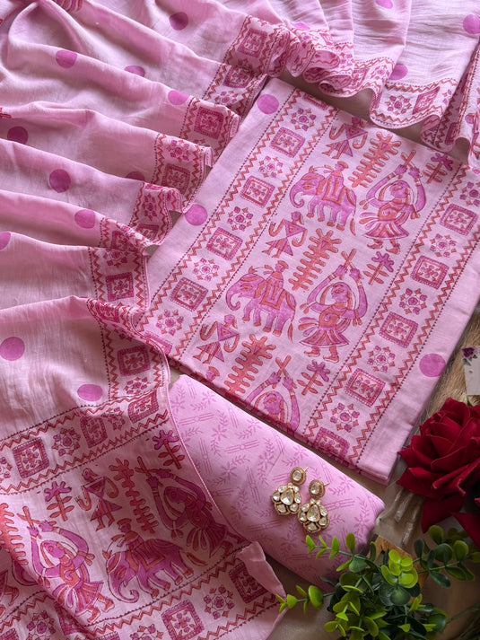 Pichwai folk motif style m with block-print suit set