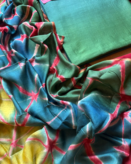 Ombré shaded pure maheshwari suit set with contrast bottom and Shibori dyed dupatta