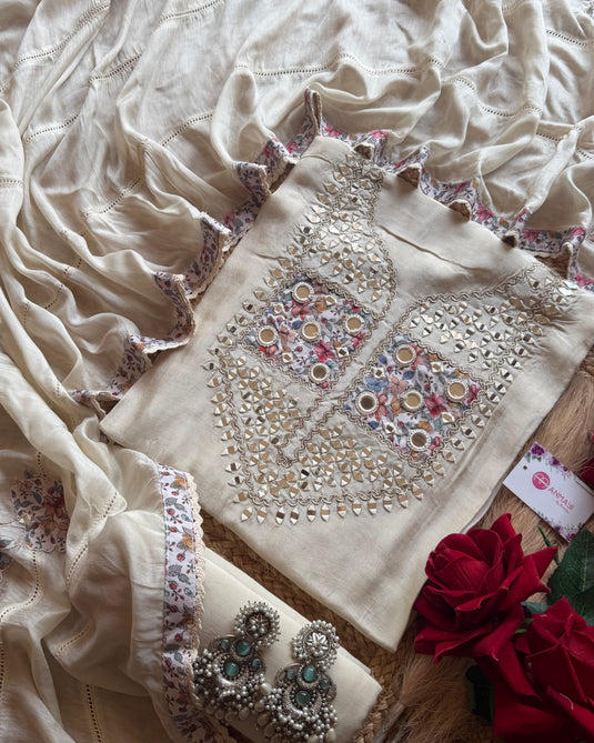 Patched mirror neck ivory muslin suit set