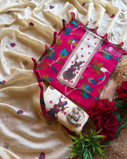 Dandiya Cambric cotton suit set with embroidered bottom and dupatta