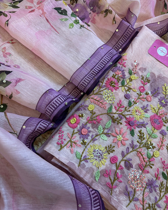 Soft Chanderi French knot work suit sets with highlights print dupatta