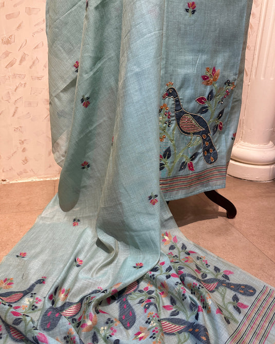 Jamdani soft shade highlighted peacock cotton silk suit set