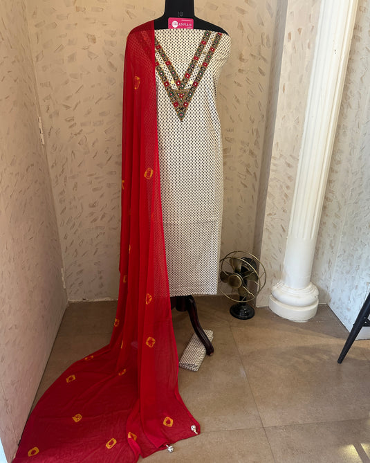 Jodhpuri self print cotton suit set with Jodhpuri neck and batik chiffon dupatta
