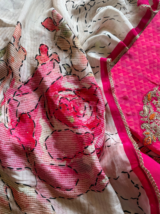 Abstract self fuchsia pink combination upada silk suit set