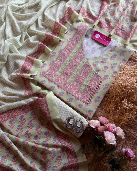 Pure Cotton Angrakha Neck block print cotton suit set