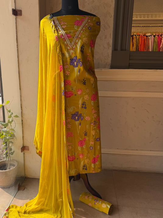 Cambric cotton neckline lime printed suit set