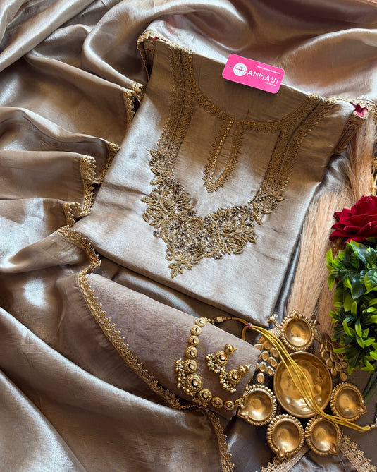 Kanjivaram copper hand embroidered neck suit set