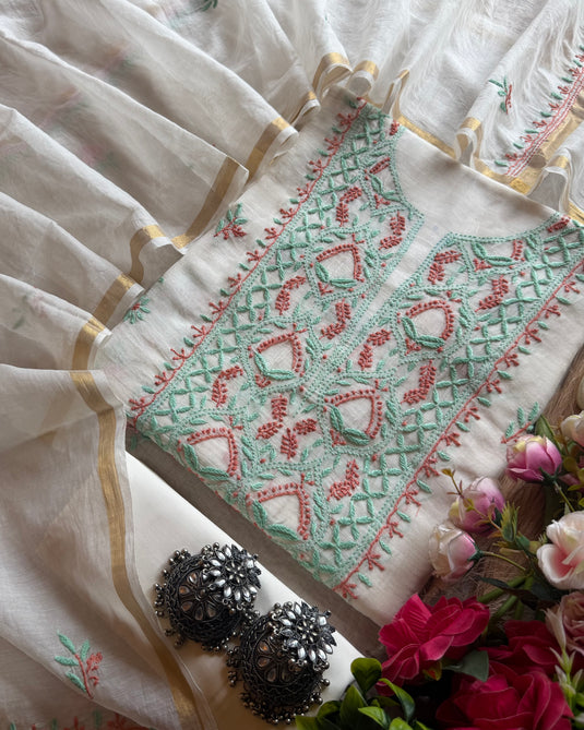 Ivory pure Mul chanderi suit with chikankari embroidery