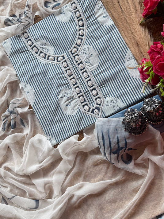 Flower frame pure cotton striped suit set with chiffon dupatta dress