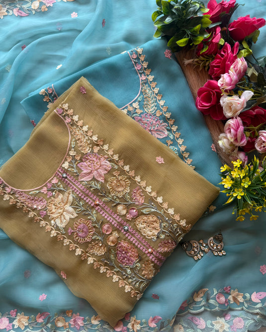 Chiffon coloured aari work suit set