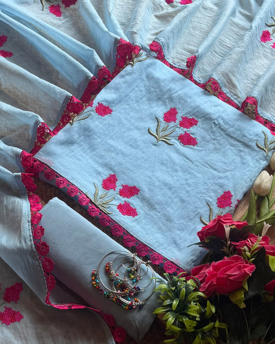 Raspberry french knots soft Mul Chanderi suit set