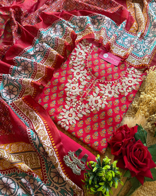 White thread work next printed Cambric cotton suit