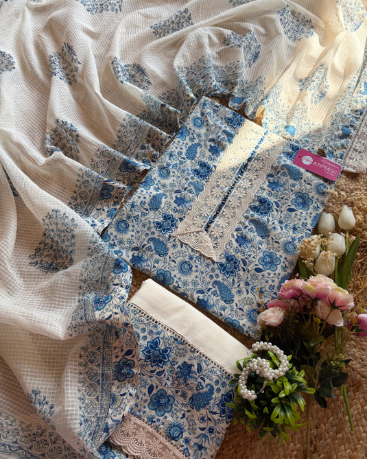 Indigo flower print pure cotton Pakistani suit with printed bottom and Kota dupatta