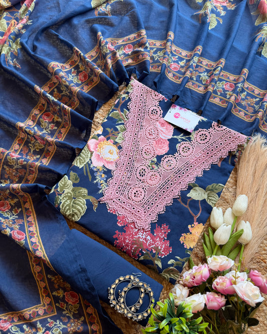 Floral print crochet V neck soft cotton Pakistani suit set