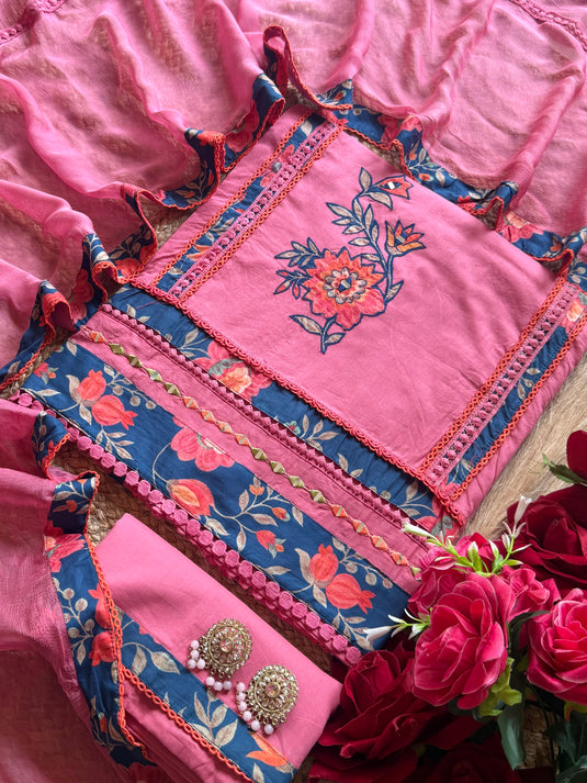 Patched print pink turquoise pure cotton suit set with highlighted paper mirror work with pure dupatta