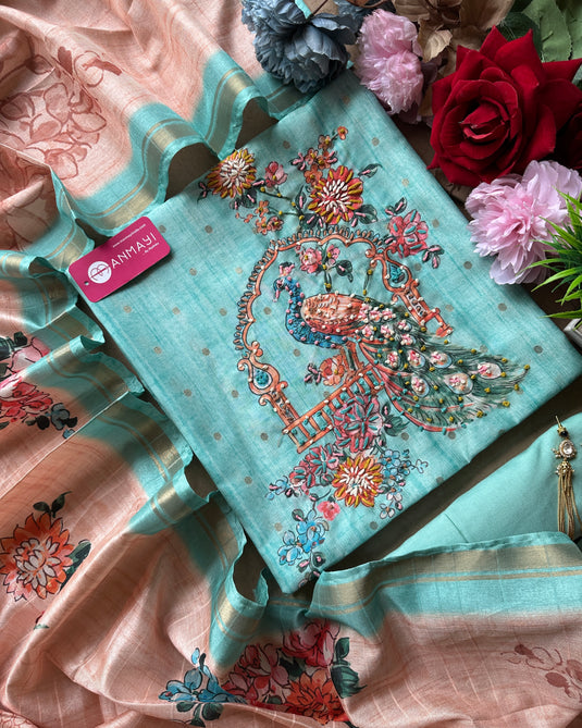 Combination Tussar suit set with highlighted knot work