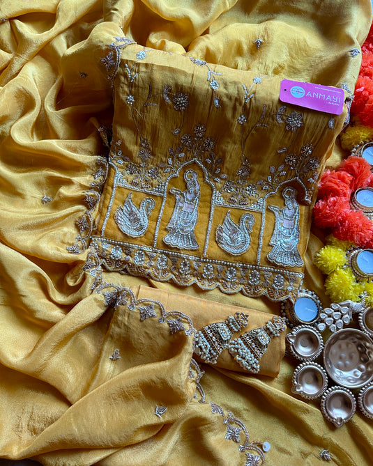 Karvachauth shimmer silk jaal embroidered suit set