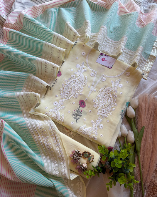 Mul cotton thread work block print pastel suit set with stripes dupatta