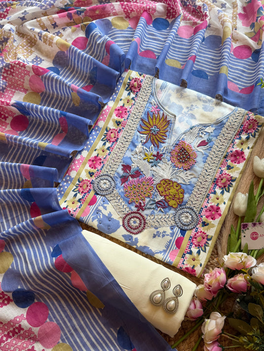 Cotton organza patch work baby blue floral suit set