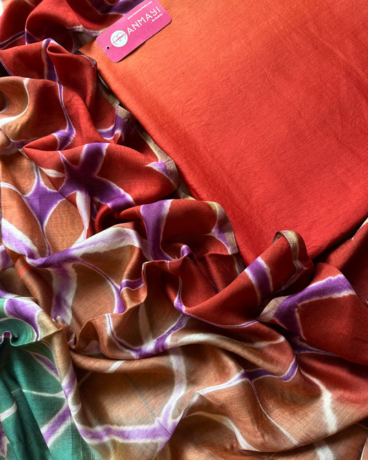 Ombré shaded pure maheshwari suit set with contrast bottom and Shibori dyed dupatta