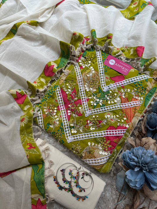 Boho look printed cotton suit set with cotton patched dupatta