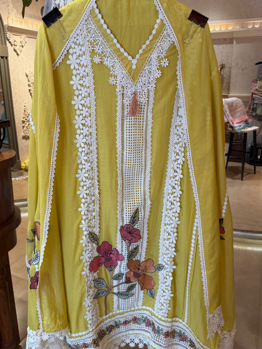 Pakistani crochet Mul cotton patched flower suit set