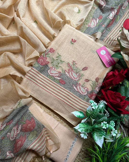 Pond scene Jamdani cotton silk suit with tassel dupatta