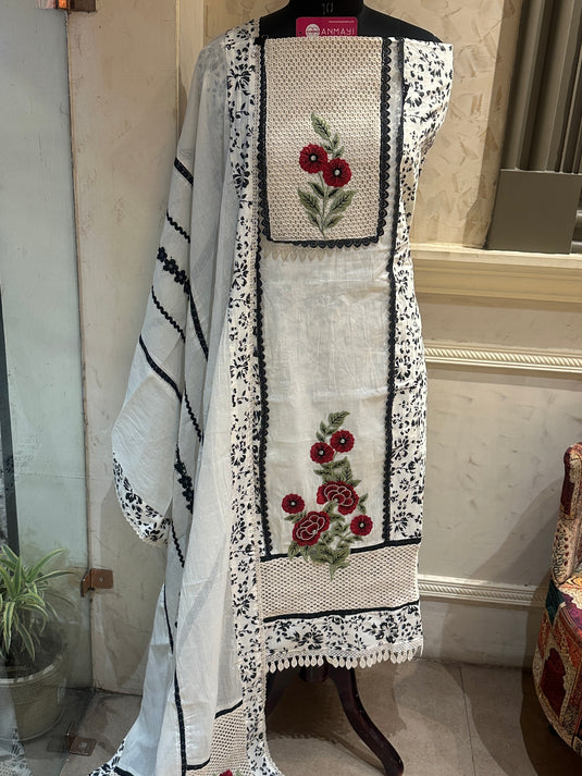 Black and white Pakistani crochet suit set with patches