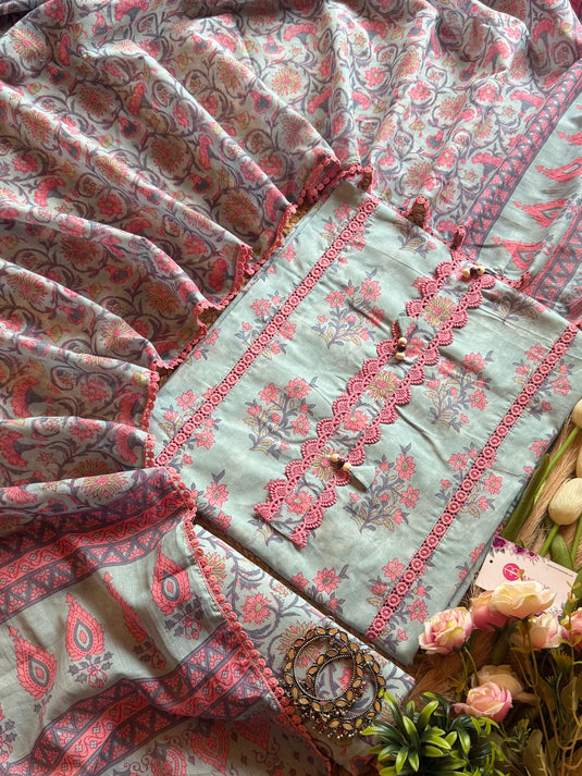 Cotton crochet Pakistani pastel pink  combination suit set