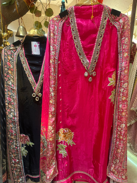 Pure crepe hanging mirror suit set with patches and digital dupatta