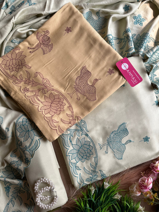 Pure pashmina swan embroidered cutwork suit set