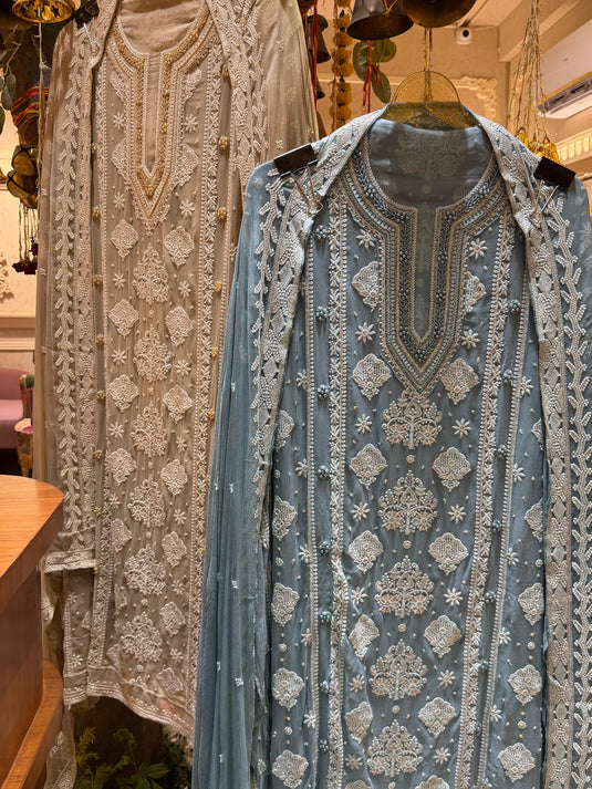 Lucknawi pearls chikankari pure Georgette suit set