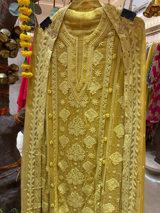 Lucknawi pearls chikankari pure Georgette suit set
